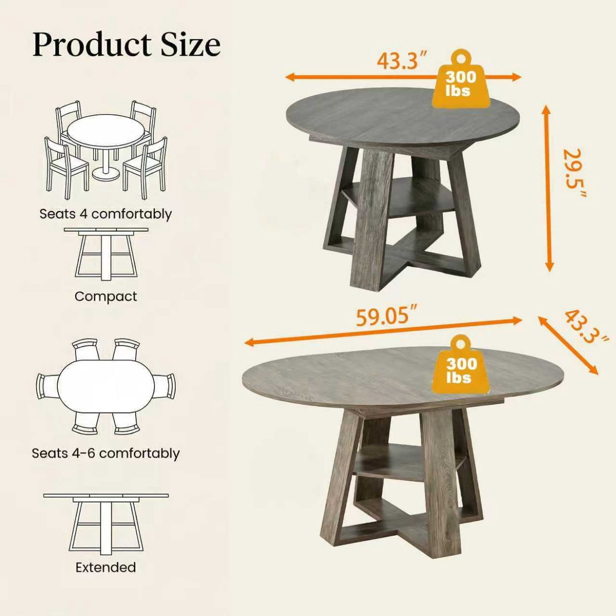 43.3"-59" Extendable Round Dining Table for 4-8, Modern Farmhouse Oval Kitchen Table with Storage Shelf, Wood Pedestal Base, Space Saving Dining Room Table, Gray