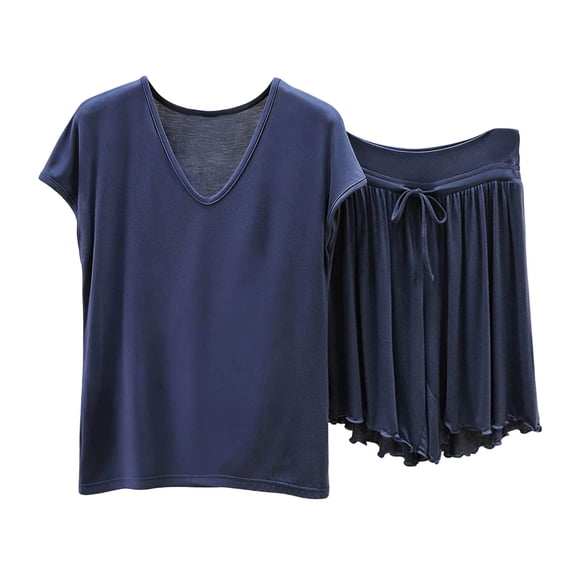 MGDXOX Women's 2 Piece V Neck Short Sleeve Top & Ruffle Hem Shorts Pajama Set Soft Loungewear Sleepwear Blue L