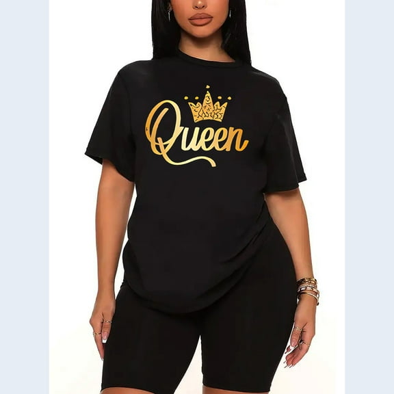 Womens QUEEN Print 2 Piece Sports Outfit Short Sleeve Top and Shorts Set Oversized Casual Summer Tracksuit-black-L