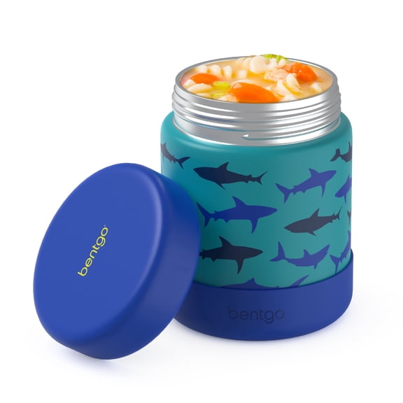 Bentgo Kids Stainless Steel Food Jar - 11 fl oz Leak-Proof Double Insulated Hot or Cold Food Container with Removable Silicone Bumper, Dishwasher Safe, Easy Open Lid, Ages 3  (Shark)
