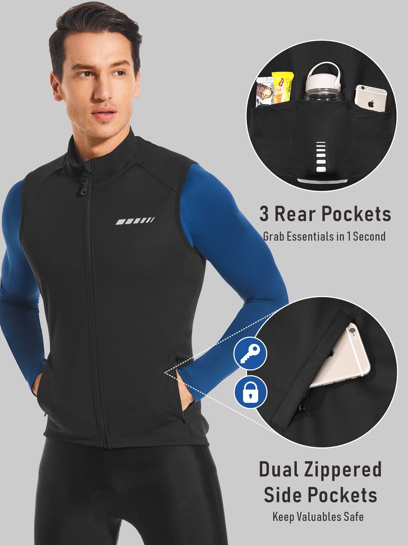 Leopatrix Men's Windproof Cycling Vest, Full-Zip Winter Sleeveless Bike Jacket with Zip Pockets for Cycling,Running,Hiking