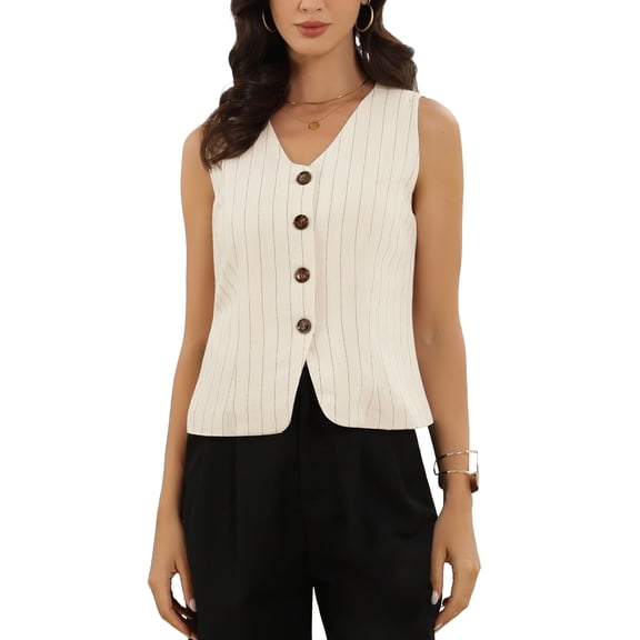 INSPIRE CHIC Striped Vest for Women V Neck  Button Down Sleeveless Casual Waistcoat XS Beige
