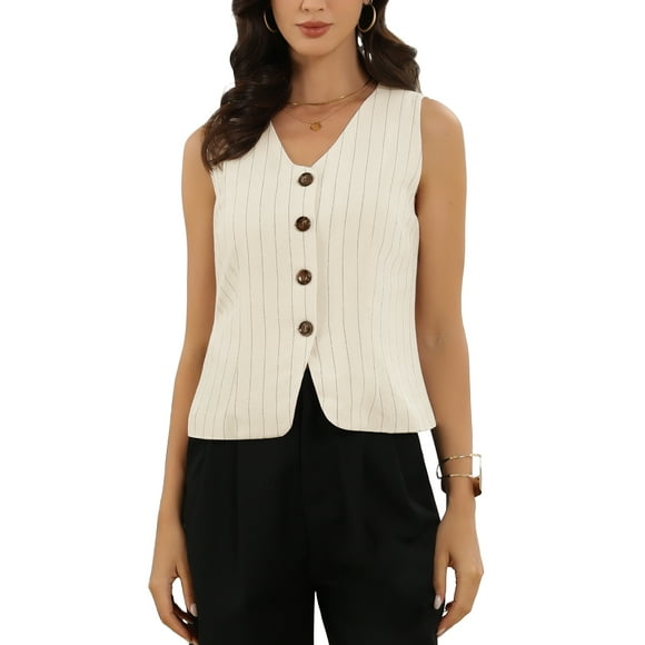 CHALCO STRIPED Chaleco para Mujeres Escote en V Botones Sin Mangas Casual XL Beige