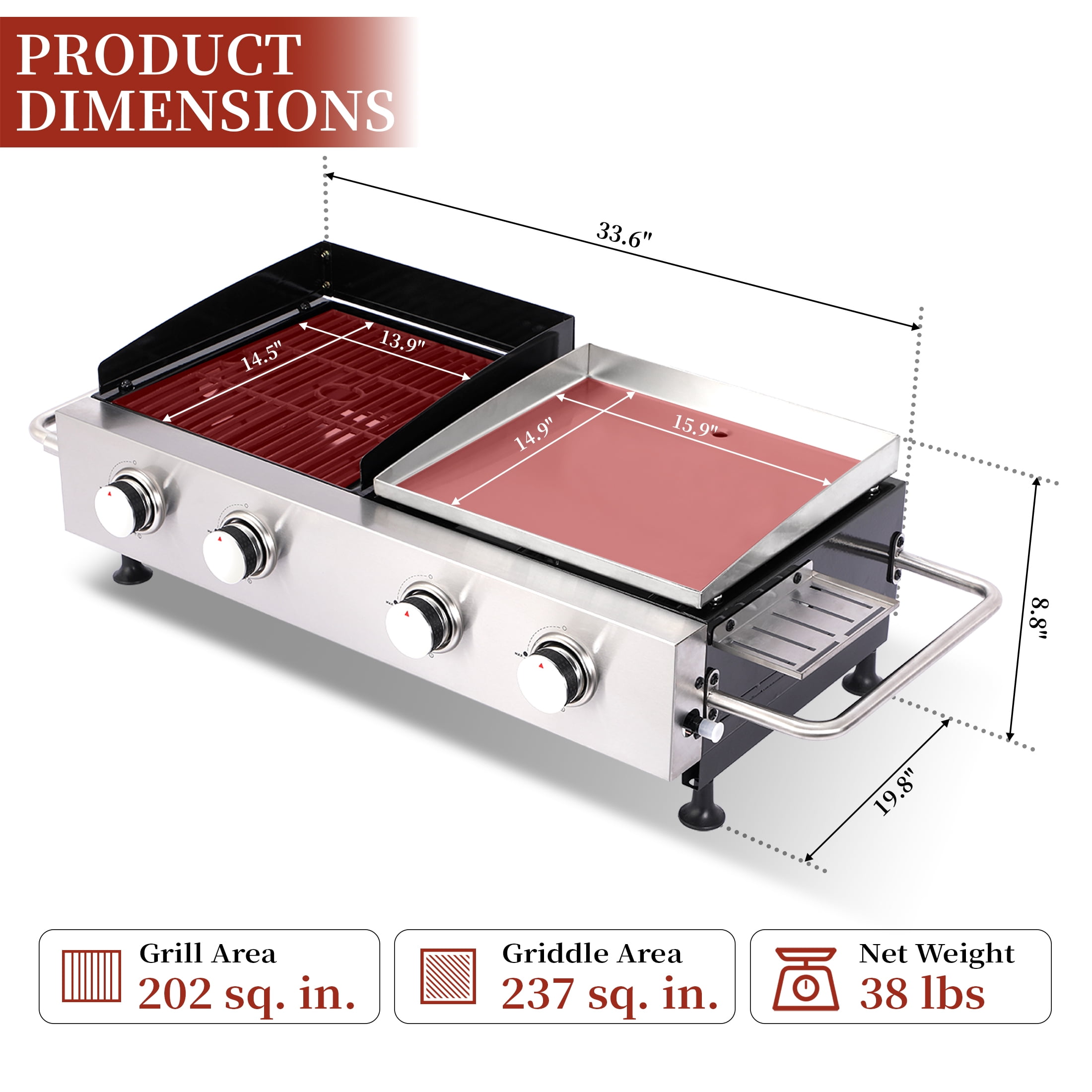 CIG GARDEN 2 Burner Propane Gas Grill and Plancha Combo, Cast Iron Grates Outdoor Barbecue Grill with 38200 BTU Output, Perfect for Outdoor Cooking