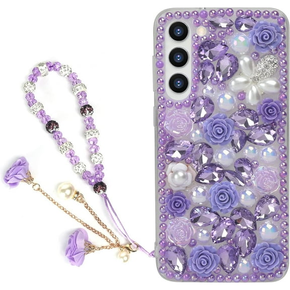 for Galaxy S24 Plus Bling Case with Strap, Luxury Glitter Rhinestone Diamond Crystal Sparkle Rose Flower Pearl Floral Bracelets Soft Bumper Protective Case Cover for Women Girls Purple