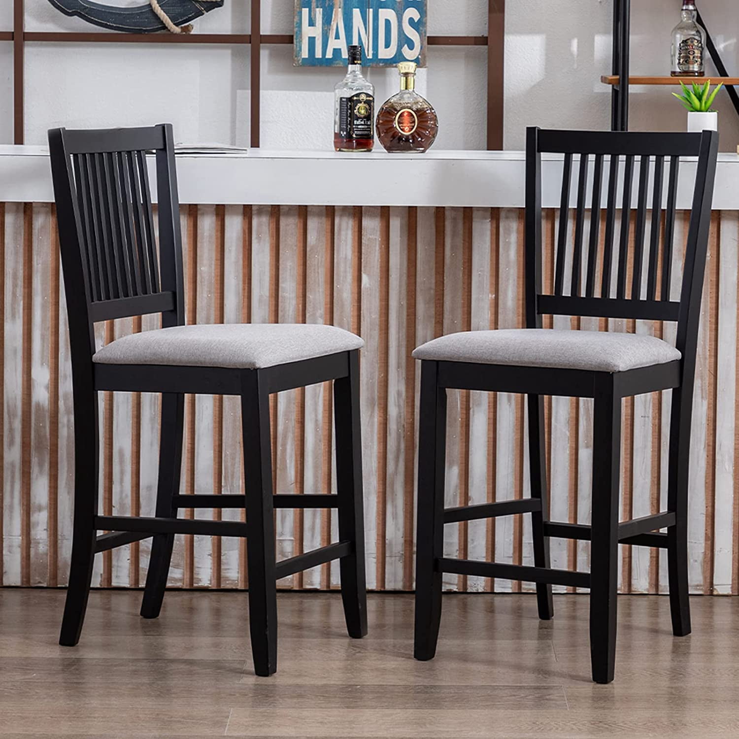 Duhome Wood Bar Stools Set of 2, Counter Height Chairs Farmhouse Counter Stools with Upholstered Seat Bar Stool for Kitchen Island, Black