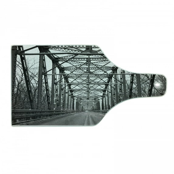 Black and White Cutting Board, Road Through Bridge Tunnel Urban City and Modern Architecture Image, Tempered Glass Cutting and Serving Board, Wine Bottle Shape, Black White Grey, by Ambesonne