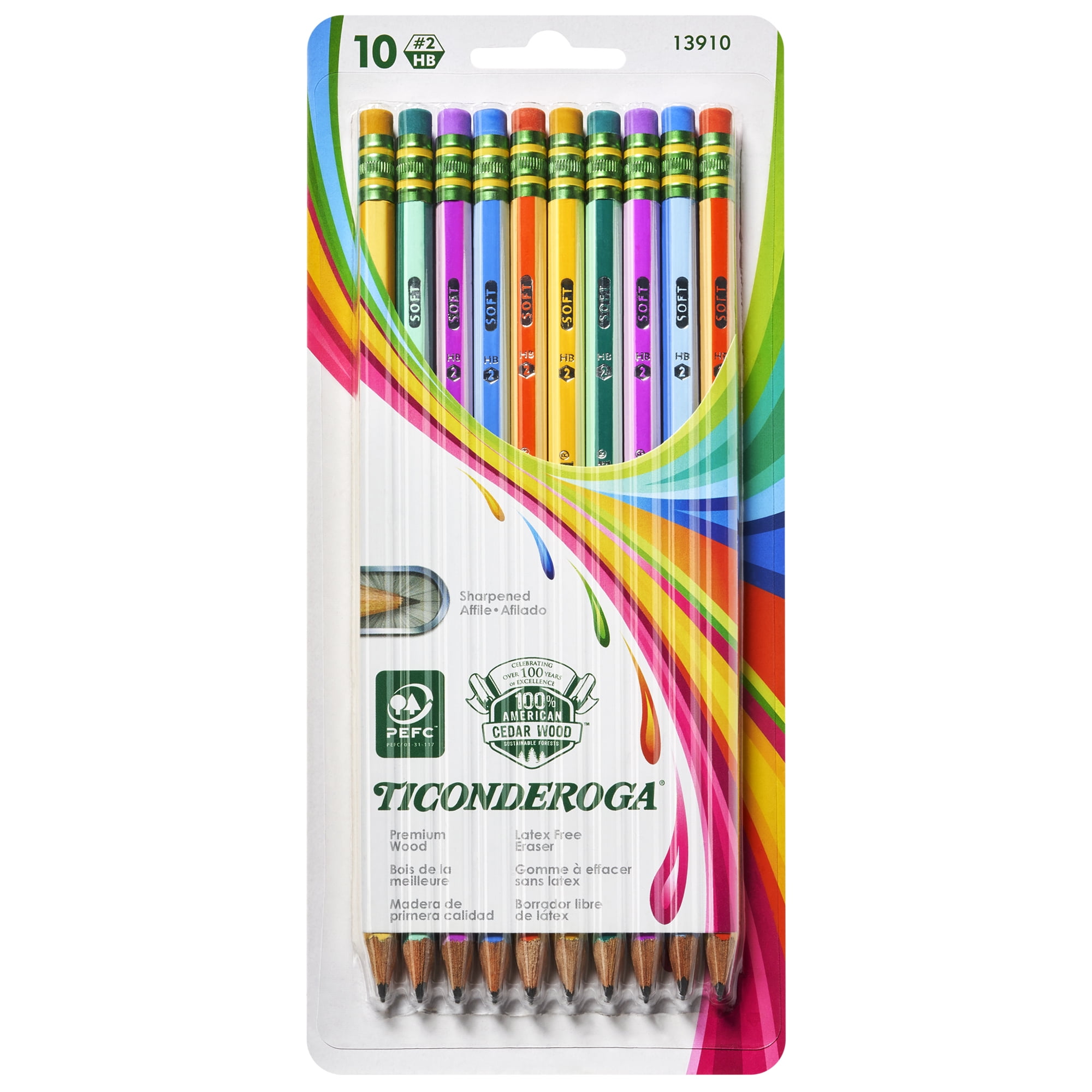 Ticonderoga Pencils, #2 Soft, Neon Stripes, Presharpened, 10 Per Pack, 6 Packs