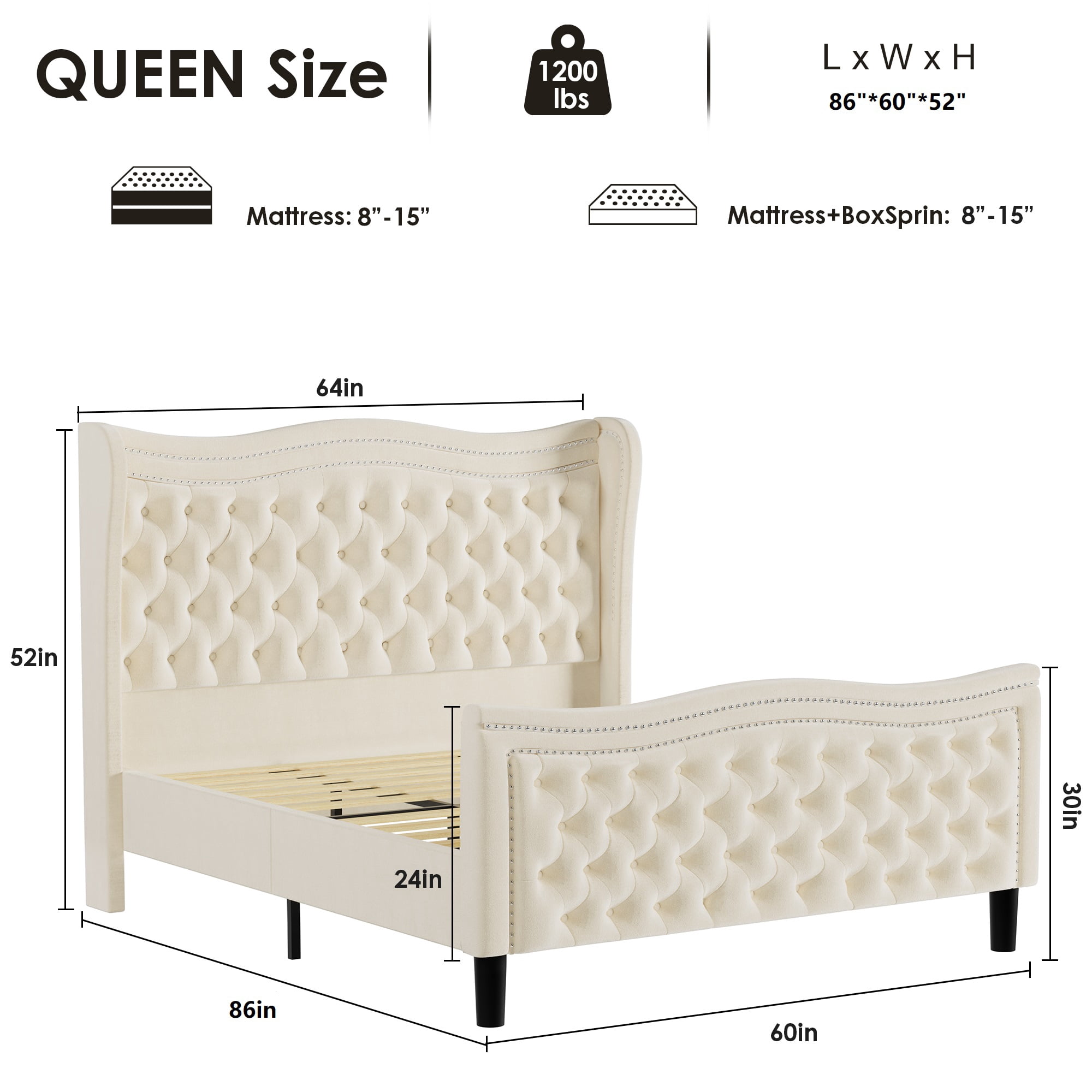 Miniyam Velvet Queen Size Bed with Button-Tufted Wingback Headboard for Adult, Beige