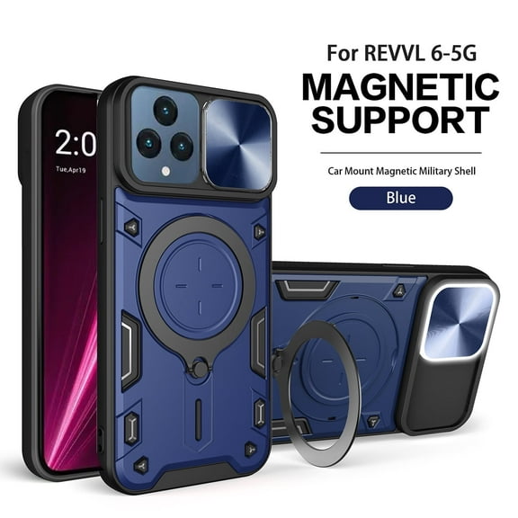 For T-Mobile REVVL 6 5G Phone Cases, TPU PC Shockproof Magnetic Phone Case with Free Adjustment Ring Holder for REVVL 6 5G in Blue