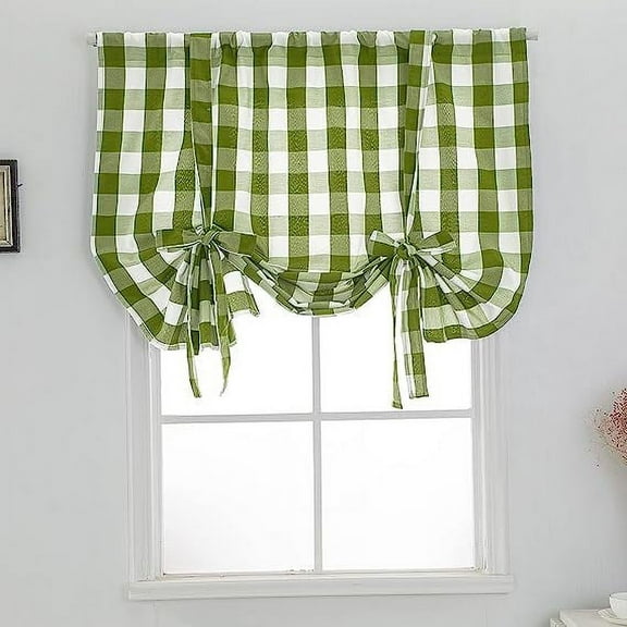 Zhuge Green and White Buffalo Check Tie Up Curtains Farmhouse Thermal Insulated Window Adjustable Balloon Curtain Shade for Small Window (46" x 63", Green)