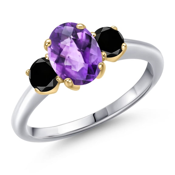 Gem Stone King 925 Silver and 10K Yellow Gold Purple Amethyst and Black Diamond Engagement Ring for Women | 1.74 Cttw | Oval Checkerboard 8X6MM | Gemstone February Birthstone | Size 9