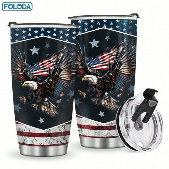 Foloda 1pc American Flag Tumbler Eagles America USA Flag Tumblers Stainless Steel Insulated Coffee Travel Mug 20oz Cup with Lid  Fathers Day 4th Of July Gifts For Men Women Christmas Gift for Friend