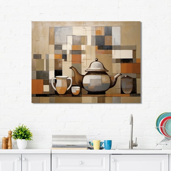 Designart Baking/Baked Goods Wall Art, Cubism Culinary Pottery Abstract Elegance , Baking/Baked Goods Large Wall art decor, Brown Traditional Canvas wall art, 32x16 inches