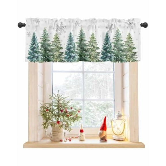 Green Christmas Tree Curtains Valances for Windows Living Room, Xmas Tree Curtain Toppers and Valances for Bedroom, Winter Snowflake Rod Pocket Short Shade Curtains Kitchen Valances 54x18