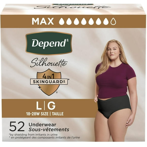 Depend Silhouette Adult Incontinence & Postpartum Underwear for Women, Maximum Absorbency, Large, Black, 52 Count