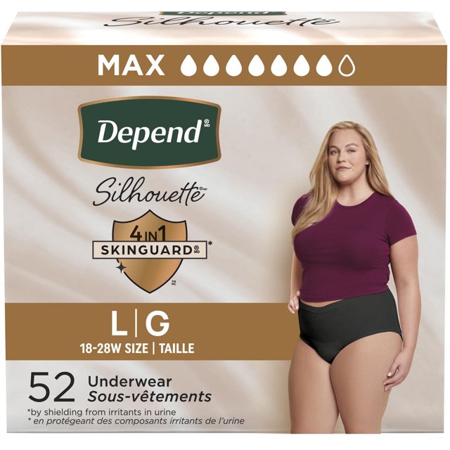 Depend Silhouette Adult Incontinence & Postpartum Underwear for Women, Maximum Absorbency, Large, Black, 52 Count