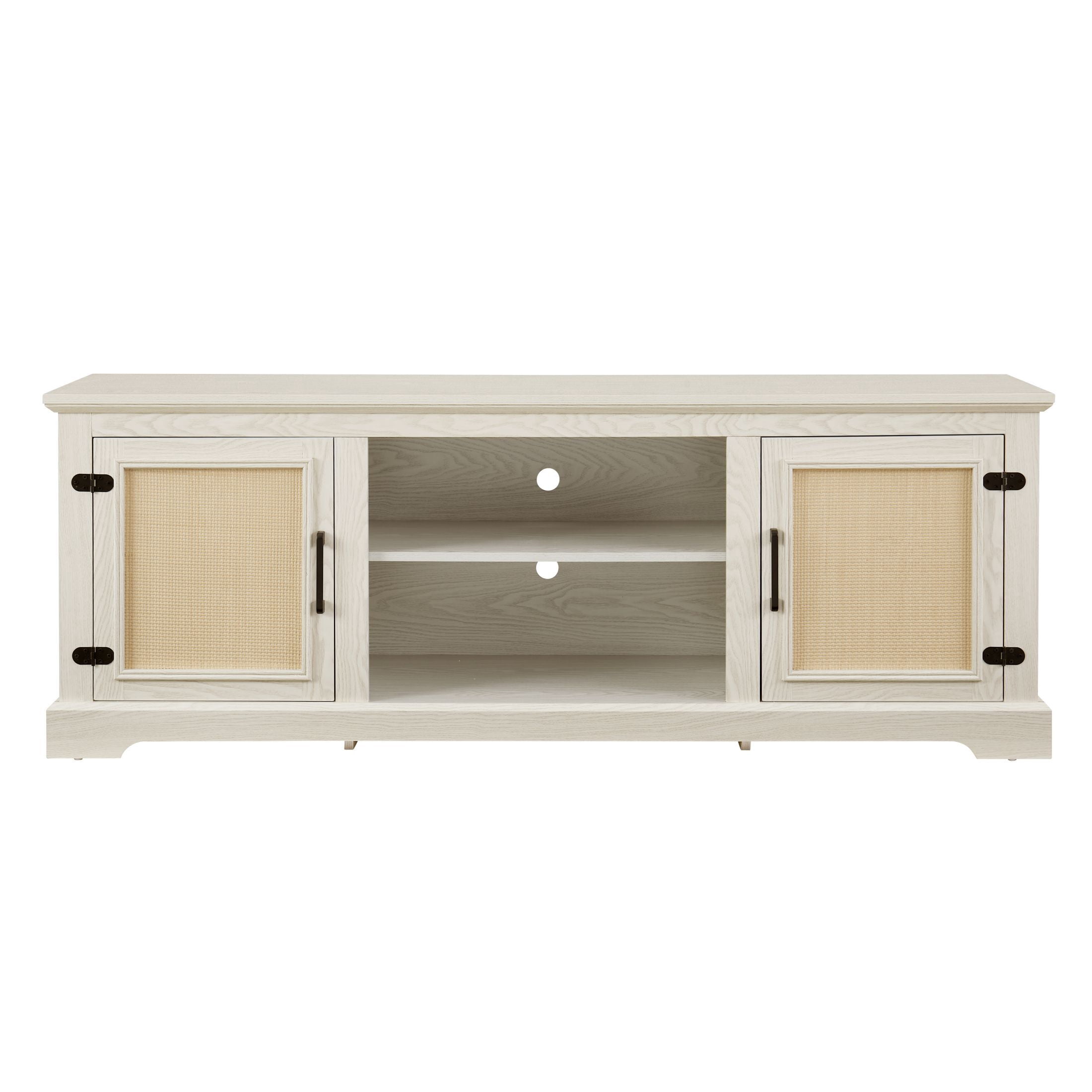 DEALTOPS Farmhouse TV Stand with Rattan Doors and Adjustable Shelves for TVs Up to 70'', Antique White