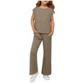 thumbnail image 4 of Girls’ Clothing Sets Sleeveless Bow Crop Top Wide Leg Pants Summer Outfits Cute Kids Clothes Khaki 5-6 Years, 4 of 6