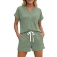 thumbnail image 2 of SOOMLON Matching Sets Women Outfits Plus Size Soft Slit Neck Short Sleeve Tees Drawstring Shorts Vacation 2 Piece Set, 2 of 8