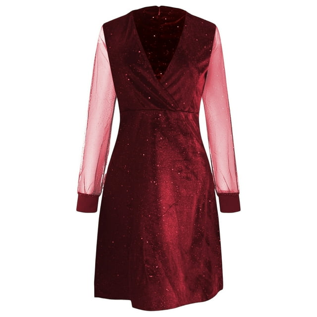 QHFBli Robe Moulante Mini pour Femmes à Col en V Profond, Manches en Maille Transparente, Paillettes – Robe de Soirée à Rayures Scintillantes et Ourlet Évasé Étoilé