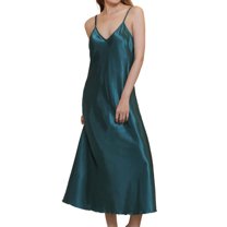 Defitshape Women's Satin Sleep Dress Deep V Neck Silk Nightgown Long Pajama Dresses Sexy Dressing Gown Spaghetti Strap Sleeveless Chemises Tea Length Sleepwear Summer Lingries Dark Green Teal Medium