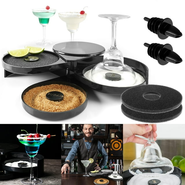 Yous Auto 3 Tier Bar Glass Rimmer Bartender Tool with Sponge,Black Plastic Sugar Salt Glass Rimming with 3 Swing Out Trays for Margarita and Cocktail