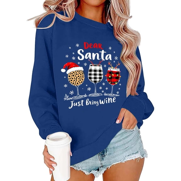 FYEGRE Christmas Sweatshirt for Women Cute Christmas Graphic Tops Holiday Crewneck Long Sleeve Pullover Tops Blue XXL