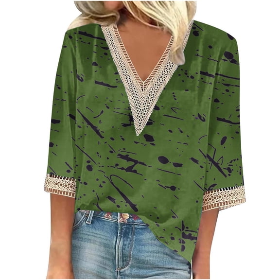 Aofany Women's Plus Size Pullover Tops V-neck Lace T-shirt 3/4 Sleeves Printed Blouse Fall Sale