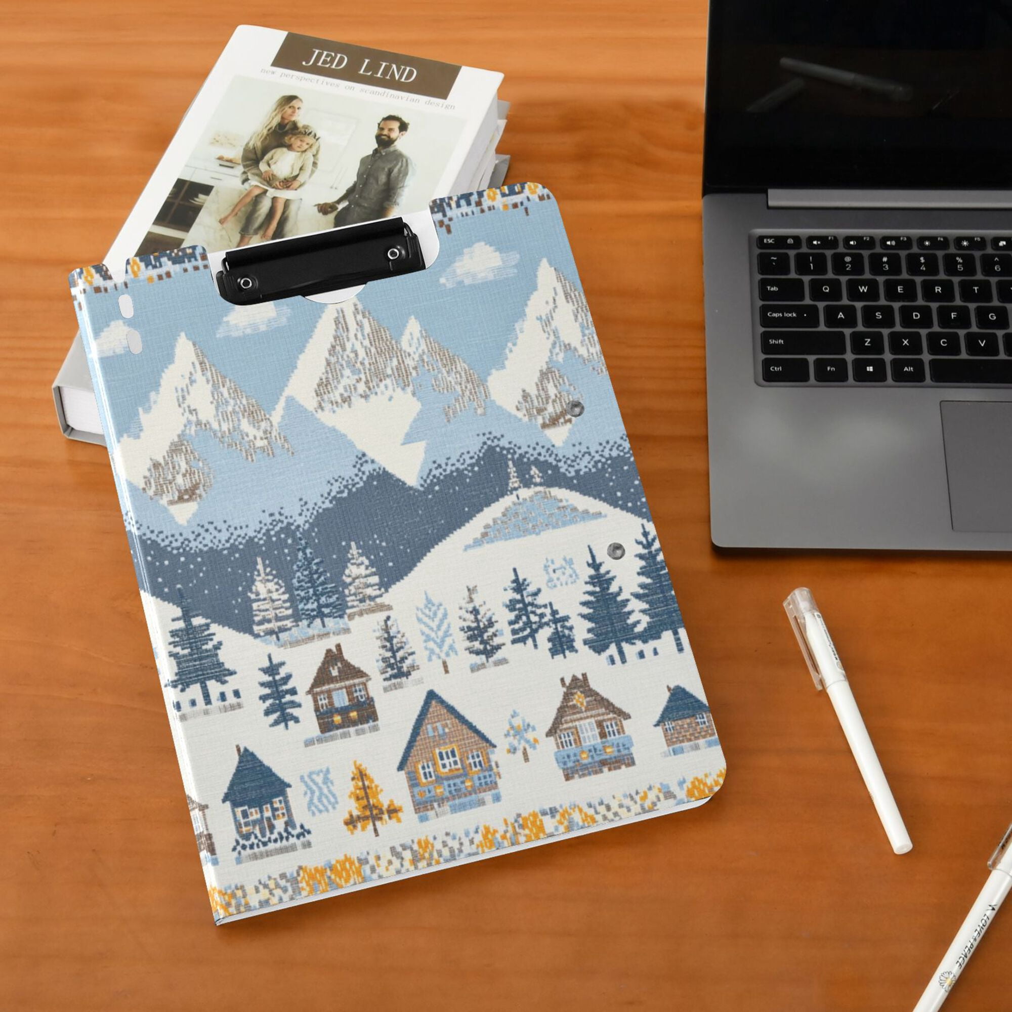 FORMRS A4 Clipboard Folder with Pen Holder Horizontal Foldable School Office Binder, Winter Village Serenity