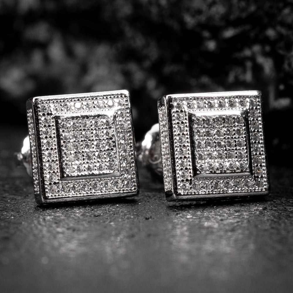 Men’s Micro Pave 3D Iced 5A Cz Halo Square White Gold 925 Sterling Silver Screw Back Post Hip Hop Stud Earrings