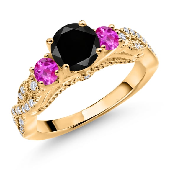 Gem Stone King 18K Yellow Gold Plated Silver Black Diamond Pink Sapphire and White Moissanite Engagement Ring for Women (1.58 Cttw, Gemstone April Birthstone, Round 6MM and 3MM, Size 9)