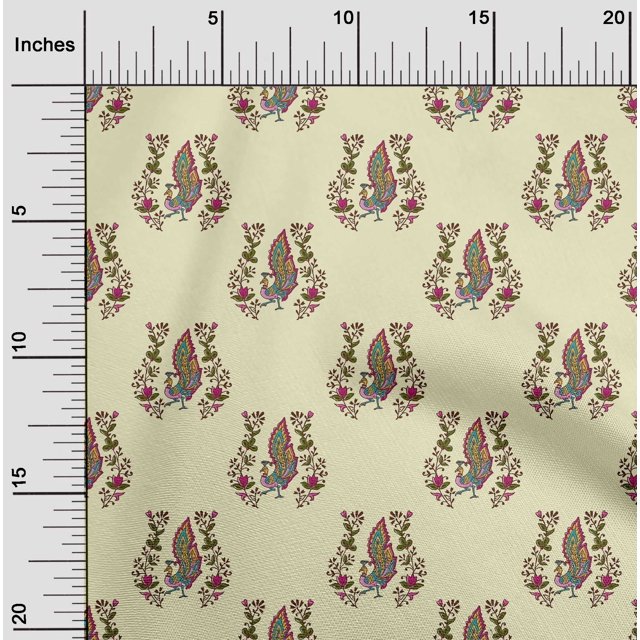 oneOone Cotton Silk Fabric Leaves|Floral & Peacock Block Print Fabric BTY 42 Inch Wide