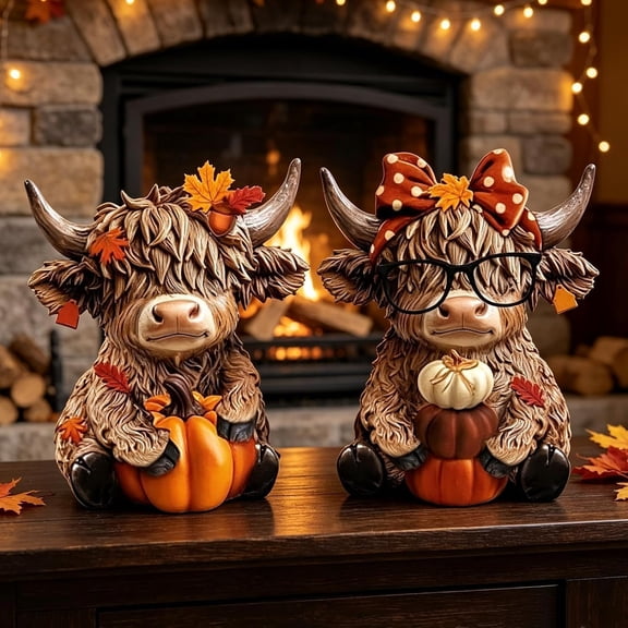Halloween Highlands Cow Ornament Set Of 2, Highlands Cattle Figurines with Pumpkin Details, Fall and Thanksgiving Table Decor for Mantel, Shelf and Indoor Home Displays