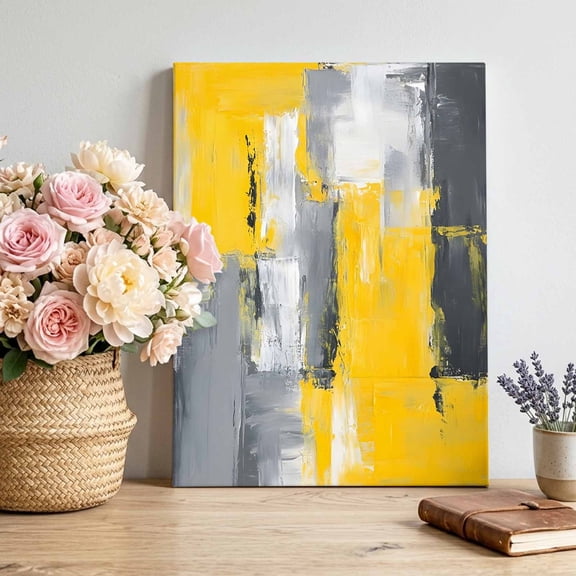 Gray Black Yellow Oil Painting Canvas Wall Art Framed Wall Decor for Living Room Bedroom Bathroom, Abstract Art Canvas Pictures Ready to Hang Decor, 16"x24"