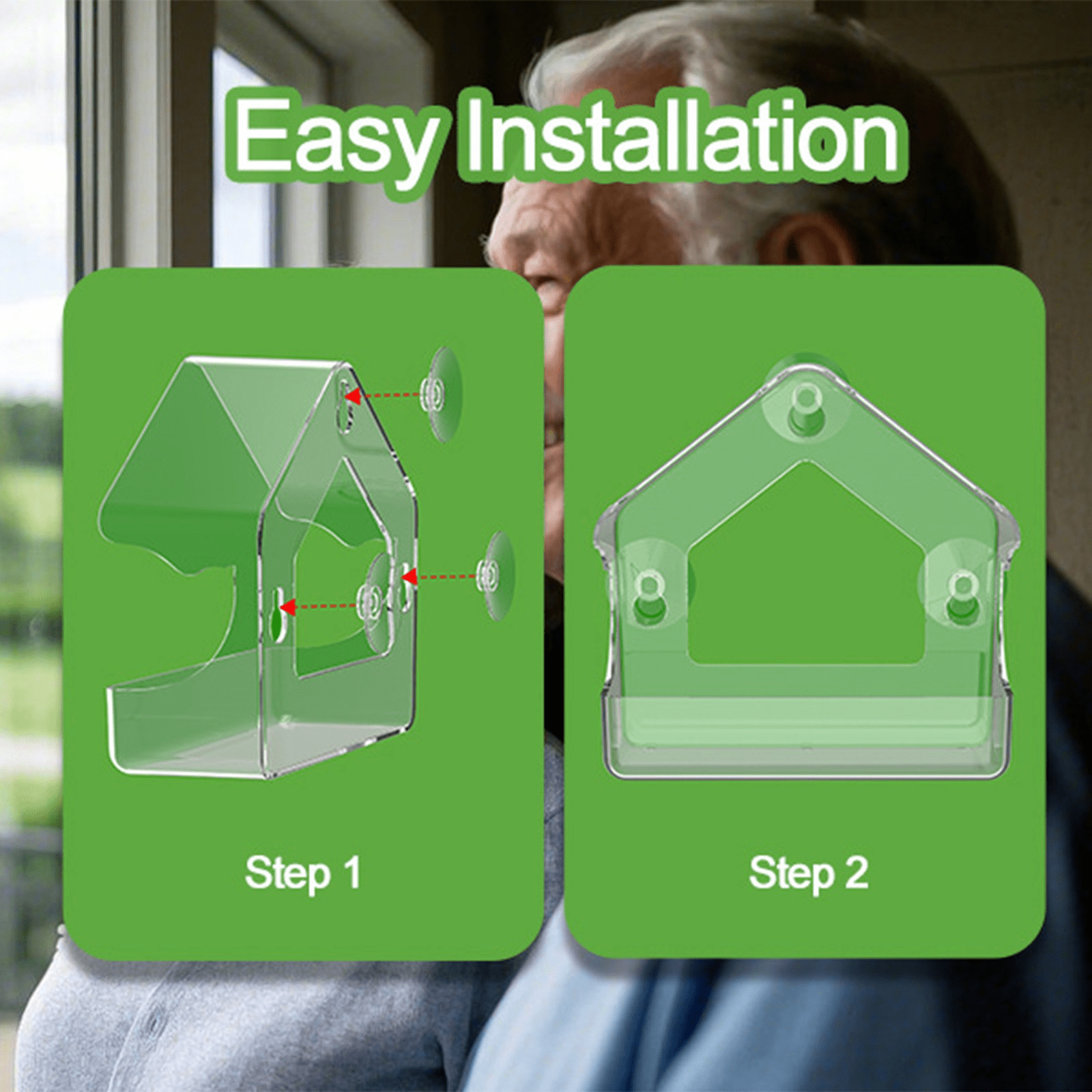 Window Bird Feeder Suction Cup, Transparent Wall Mounted Acrylic Bird Feeder, Easy Tool Free Installation Drainage Holes, Indoor Outdoor Window Bird Watching Observation for Small Birds Family Gift