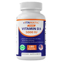 Vitamatic Vegan Vitamin D3 5000 IU | Plant Based Vitamin D from Lichen | Made with Carrot, Beet, Broccoli, Brown Rice & Parsley | 180 Capsules | Non-GMO, Gluten-Free | Made in USA