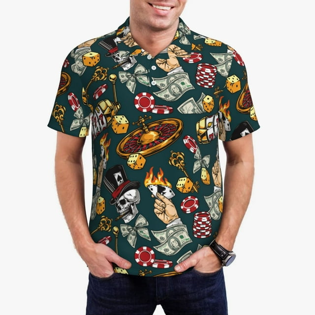 Fotbe Vintage Casino Chips Camiseta Polo de Golf para Hombre con Estampado – Camisa Deportiva Transpirable con Cuello Abotonado-Large