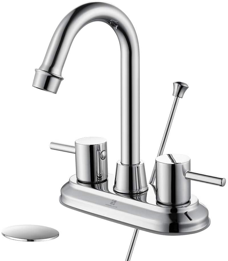 High-Arc 2-Handle Bathroom Vanity Sink Faucet for 3 Holes 4-in Center Set with 360 Degree Swivel Spout & Pop Up Drain 4 inch Bathroom Faucets Centerset Polished Chrome Bath Tap Mixer 
