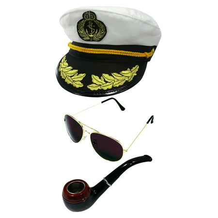 White Skipper Sailor Ship Yacht Captain Hat Pipe Aviator Sunglasses Costume
