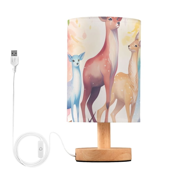 Deers with Colorful Table Lamp USB Bedside Desk Nightstand Lamp Printed Gifts Small Lamp Wood Base for Bedroom Living Room Kids Room College Dorm