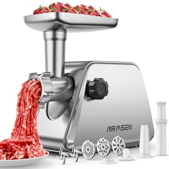 AIRMSEN Stainless Steel Meat Grinder, Electric 3 in 1 Meat Mincer with 2 Blades & 3 Plates, Sausage & Kubbe Maker Kit, Fixed Lock, Double Switch, Food Grinder for Home Kitchen Use