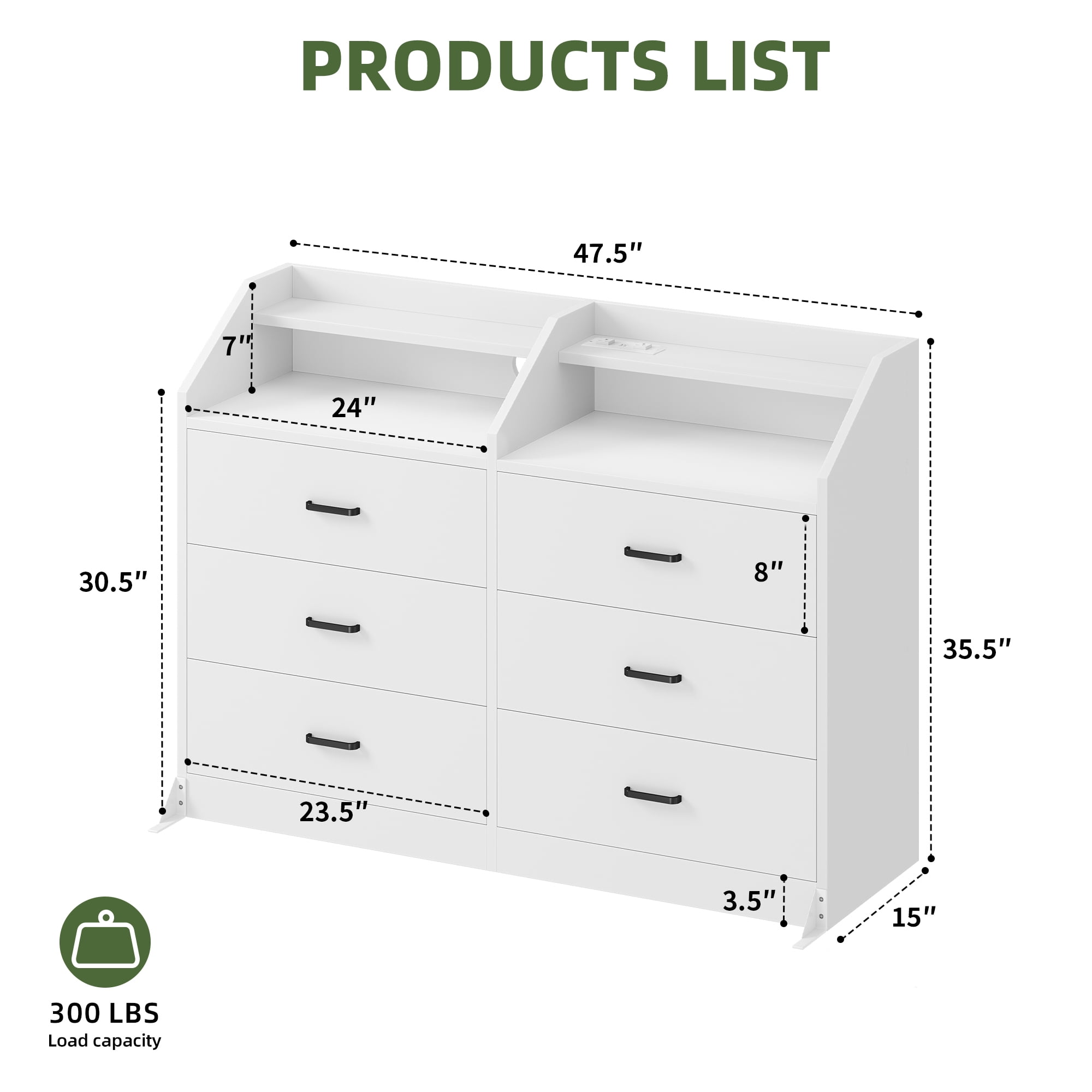 Uforic 6-Drawer Double Dresser with LED Lights & Power Outlets, Storage Cabinet Chest of Drawers with Shelves, White