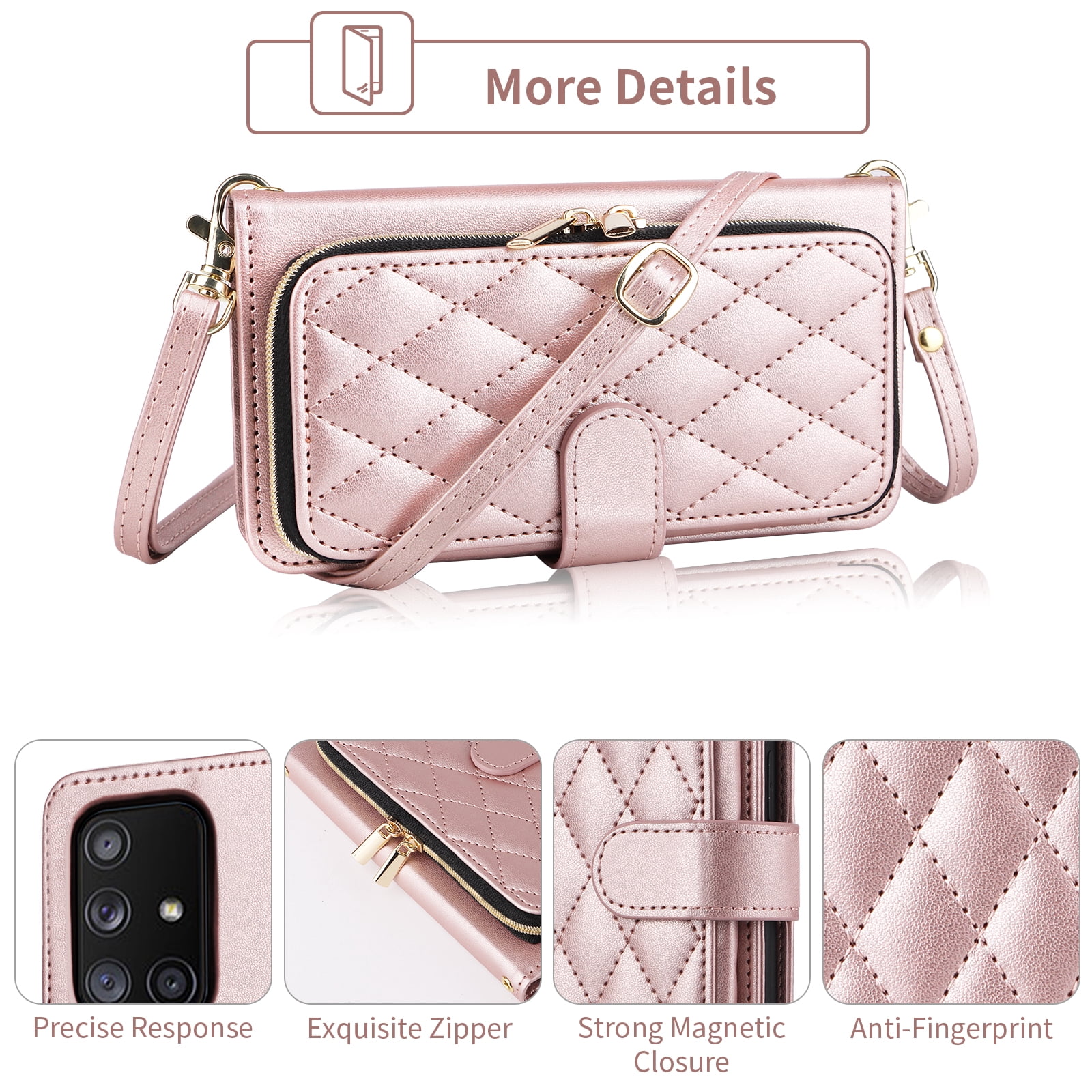 Furiet Wallet Case for Samsung Galaxy A51 4G with Wrist Strap, Crossbody Shoulder Strap, Card Slots Zipper Purse, Luxury PU Leather Stand Cell Phone Cover for A 51 M40S 51A A515F S51 Women Rose Gold
