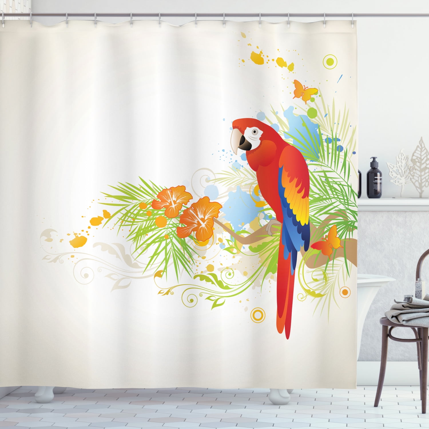 Parrots Decor Shower Curtain Set, Summer Background With Floral