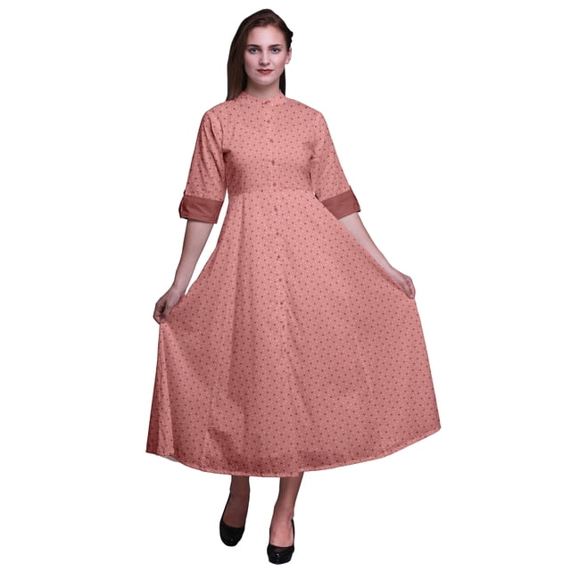 Bimba Robe-Chemise Mi-Mollet pour Femmes à Manches Retroussables à Imprimé Géométrique Boutonnée - Grand