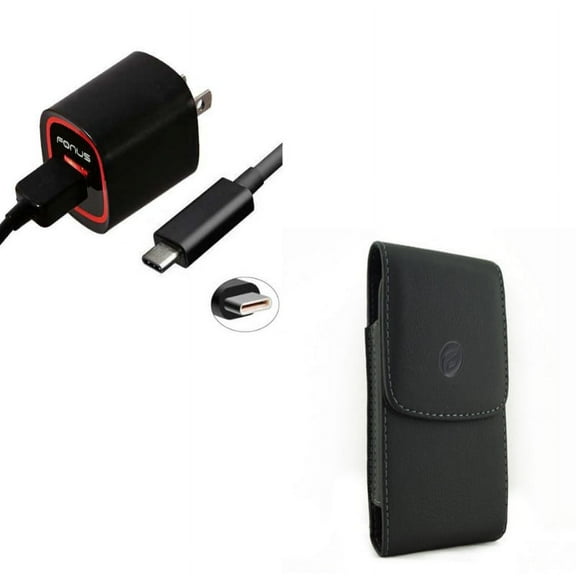 Black PU Leather Case w 2.4-Amp Rapid Home Wall AC Charger USB 6ft Type-C Cable D1N Compatible With Google Pixel 3a XL