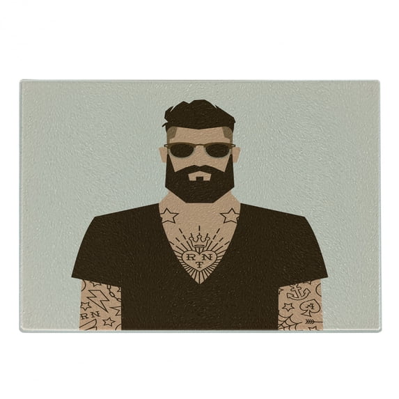 Young Man Cutting Board, Illustration of Cartoon Hipster Character with Sunglasses Tattoos, Decorative Tempered Glass Cutting and Serving Board, in 3 Sizes, by Ambesonne