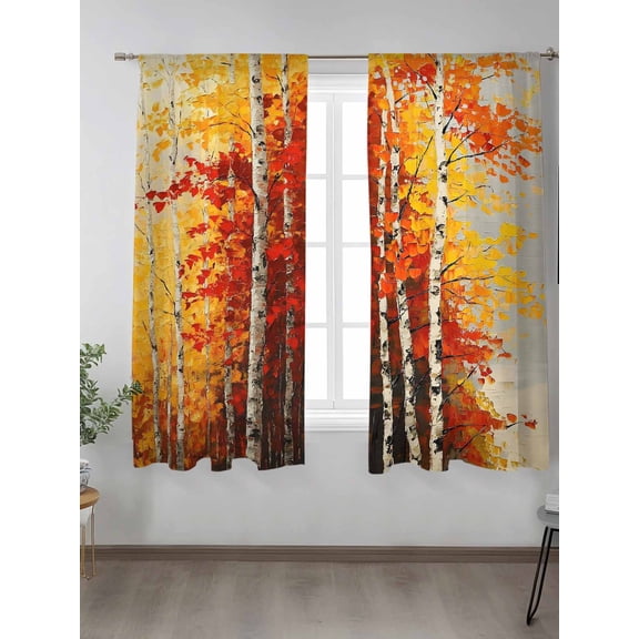 Sheer Curtains 63 inches Long 2 Panels Set Fall Watercolor Forest Orange Trees Maple Tree Tiers Sheers Rod Pocket Small Window Short Curtains for Kitchen Cafe, Each 52" W x 63" L