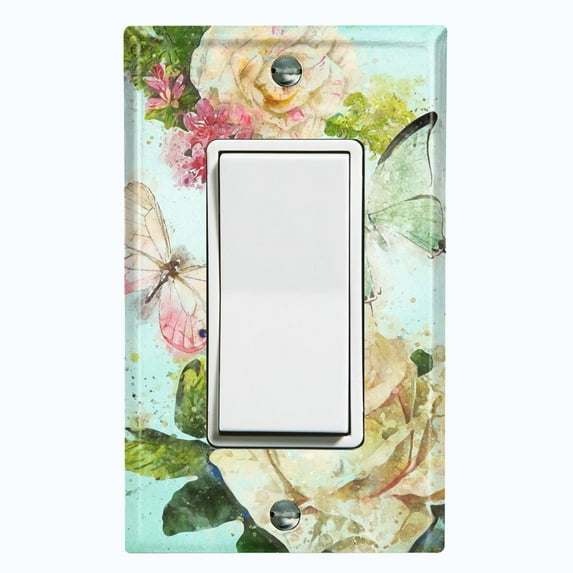Metal Light Switch Plate Outlet Cover Flower White Rose Teal Wallpaper ROS014